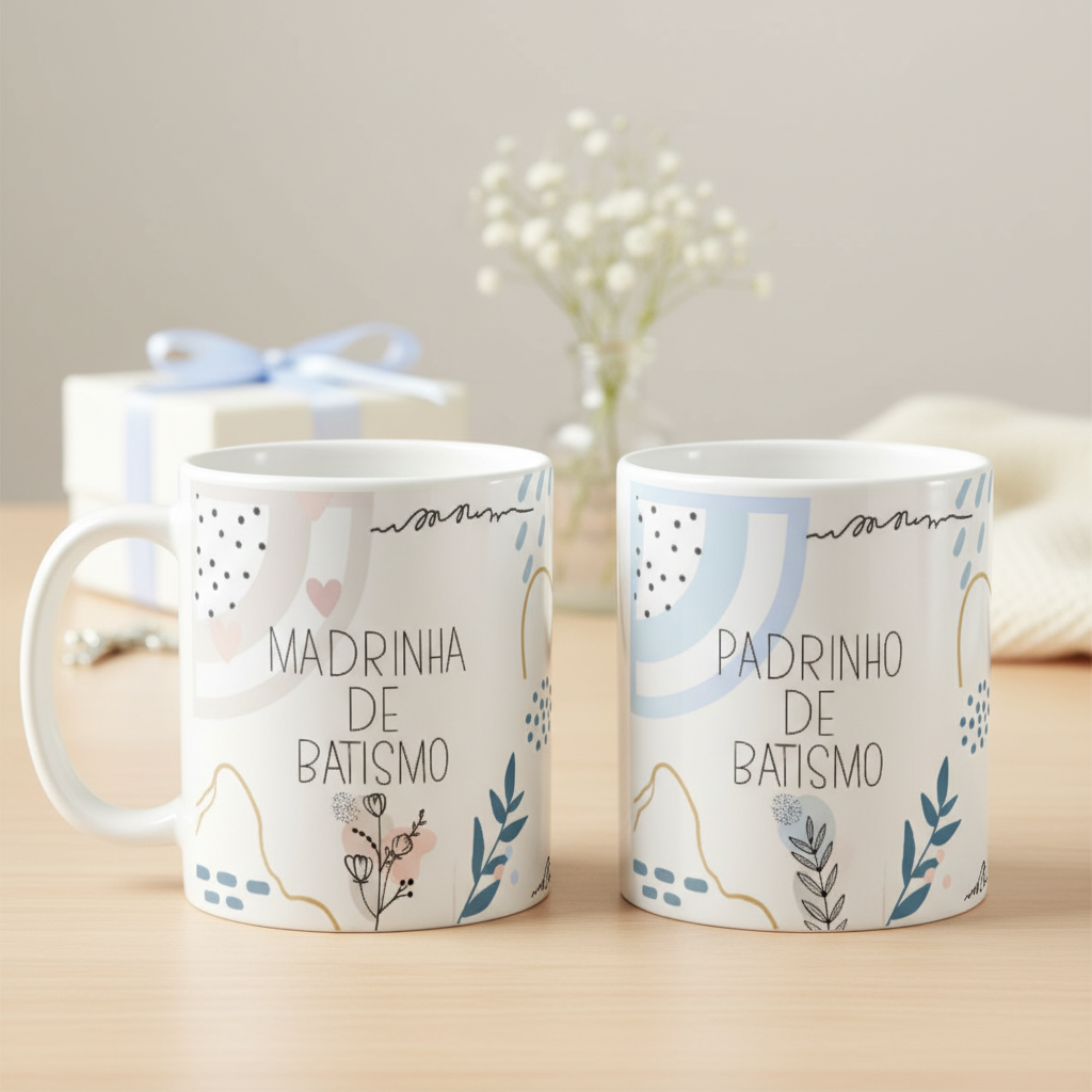 Kit 2 Canecas Cerâmica Padrinhos Batismo Minimalista - Batizado (Padrinho)