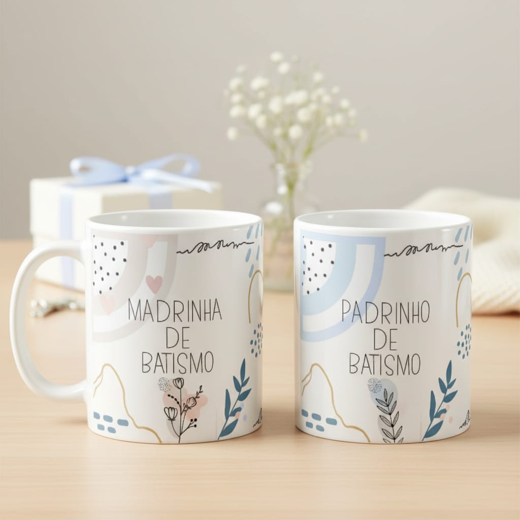 Kit 2 Canecas Cerâmica Padrinhos Batismo Minimalista - Batizado (Padrinhos)