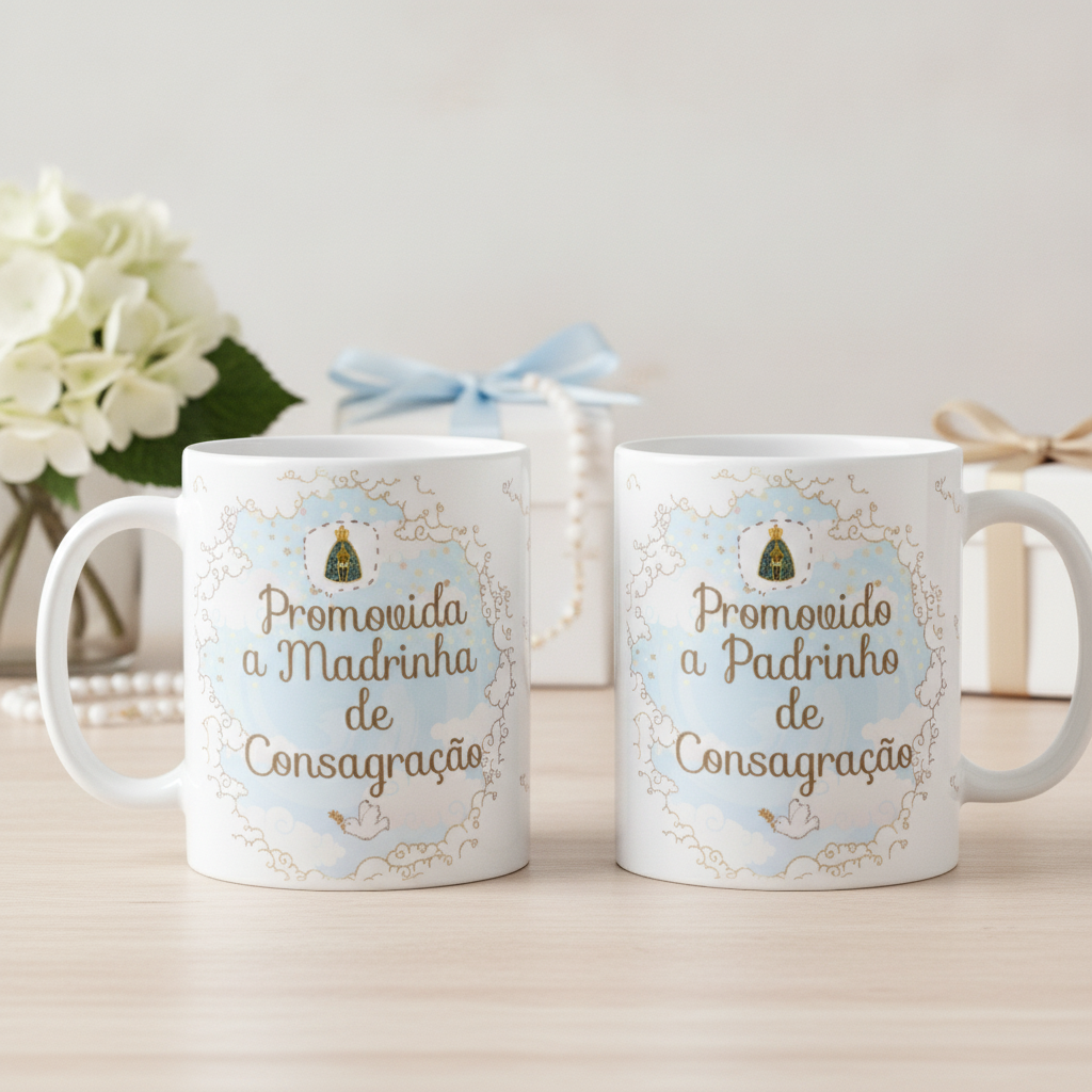 Kit 2 Canecas Cerâmica Padrinhos Consagração Céu Azul