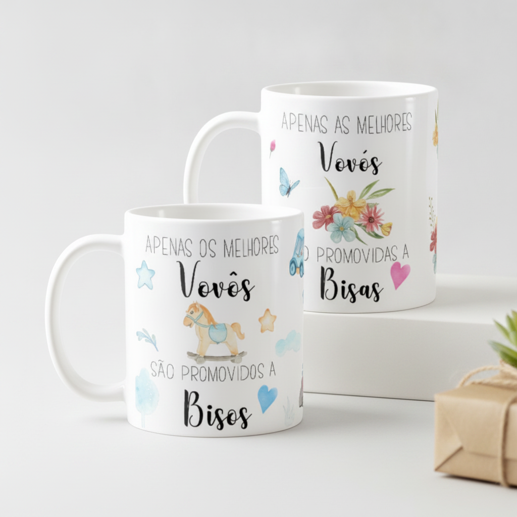 Kit 2 Canecas Presente para Avós Promovidos a Biso e Bisa - Anúncio de Gravidez (Bisavó/Bisavô)