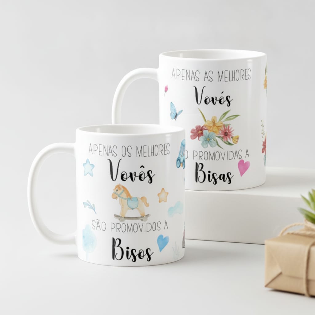 Kit 2 Canecas Presente para Avós Promovidos a Biso e Bisa - Anúncio de Gravidez (Bisavó/Bisavô)