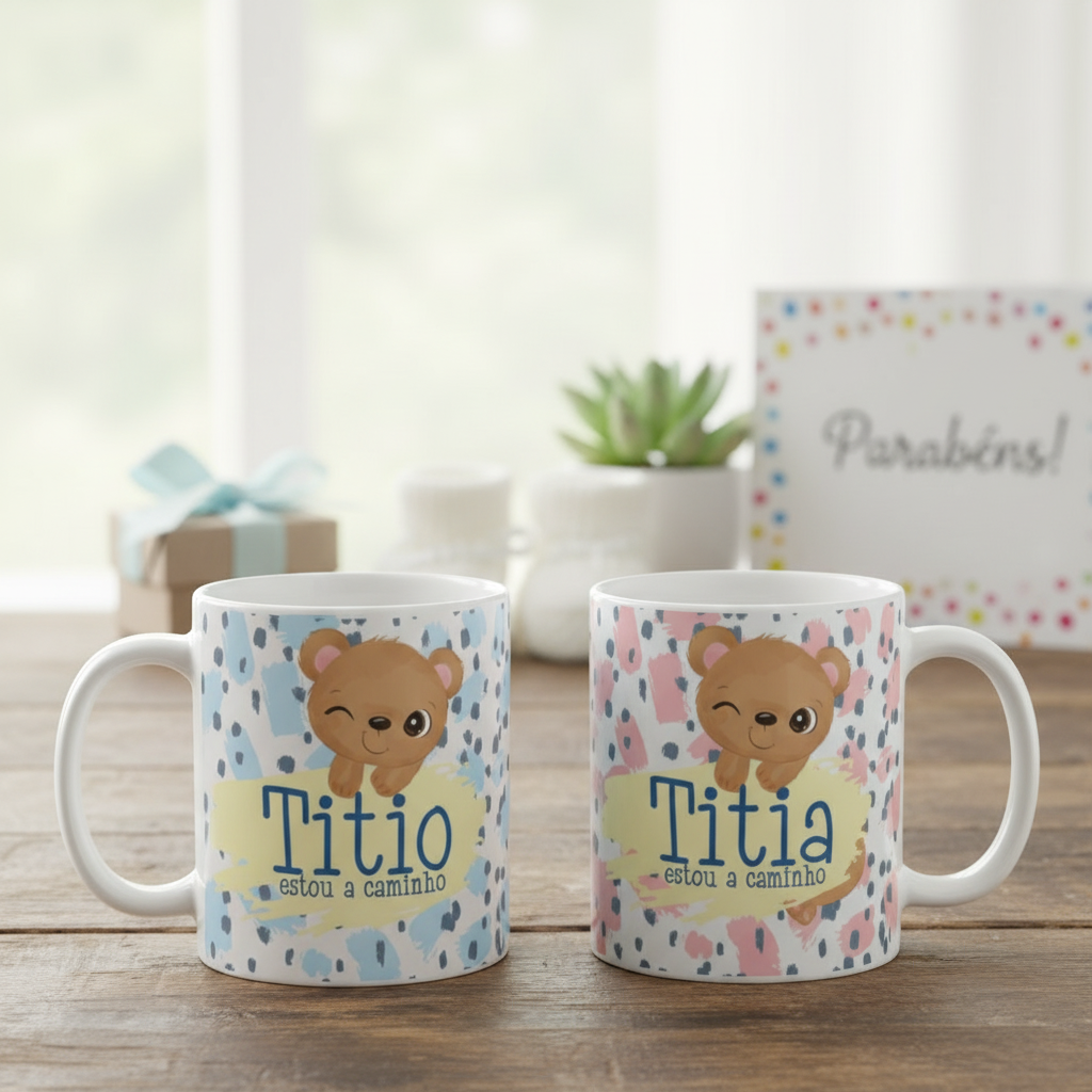 Kit 2 Canecas Presente para Revelar Gravidez Titio e Titia