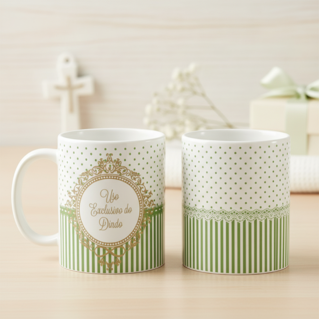 Kit 2 Canecas Uso Exclusivo Dindo e Dinda Batizado Verde Cla