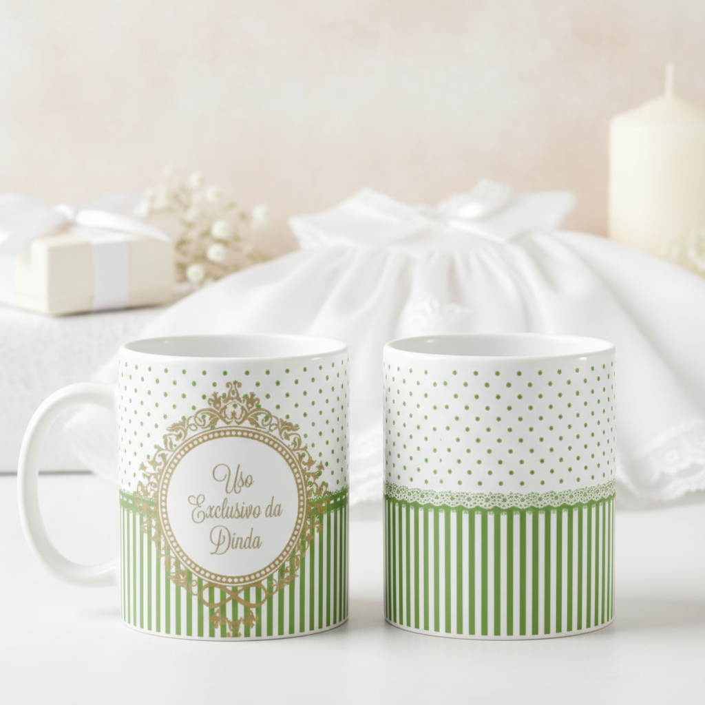 Kit 2 Canecas Uso Exclusivo Dindo e Dinda Batizado Verde Cla