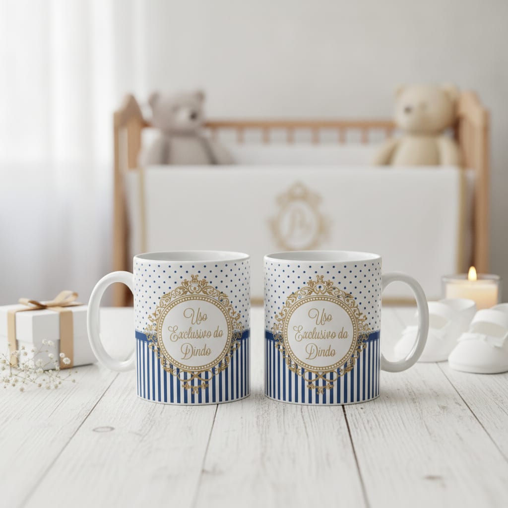 Kit 2 Canecas Uso Exclusivo Dindo e Dinda de Batizado Azul M