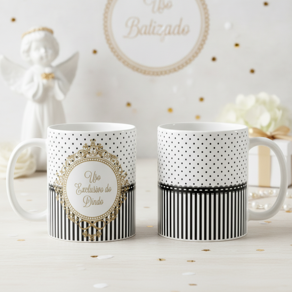 Kit 2 Canecas Uso Exclusivo do Dindo e Dinda Batizado Preto