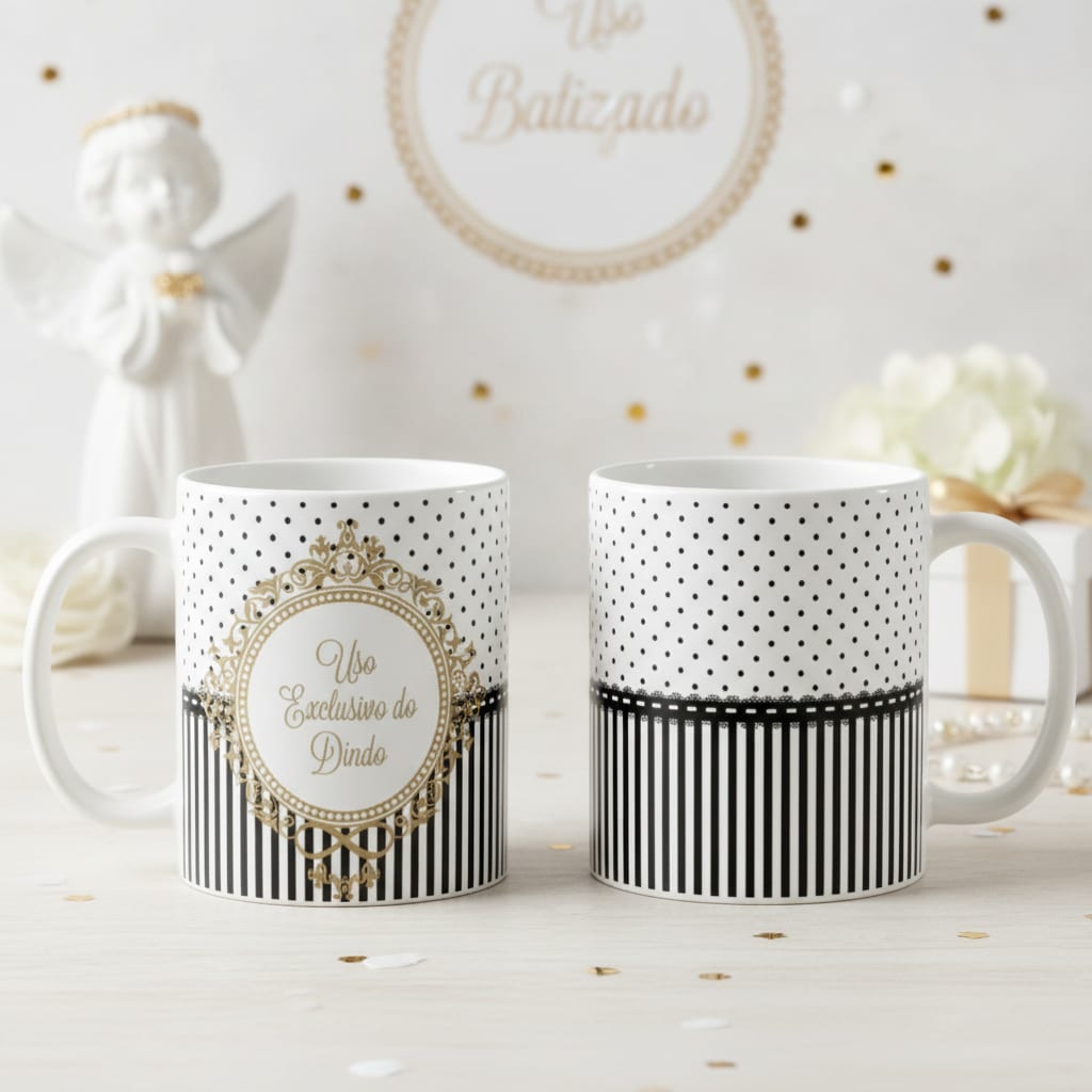Kit 2 Canecas Uso Exclusivo do Dindo e Dinda Batizado Preto