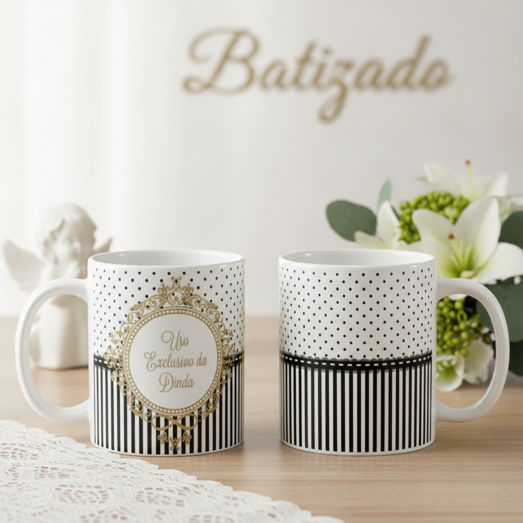 Kit 2 Canecas Uso Exclusivo do Dindo e Dinda Batizado Preto