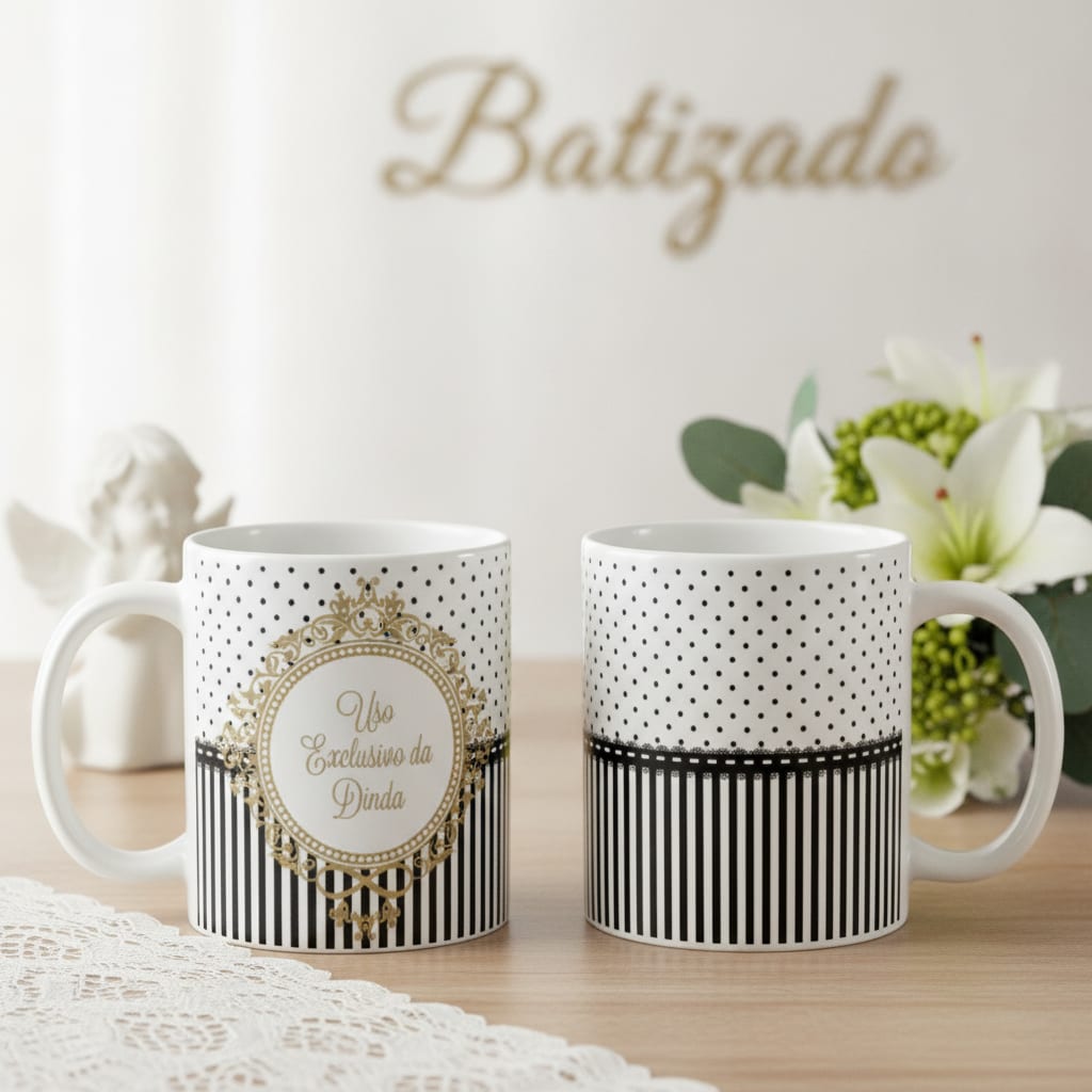 Kit 2 Canecas Uso Exclusivo do Dindo e Dinda Batizado Preto