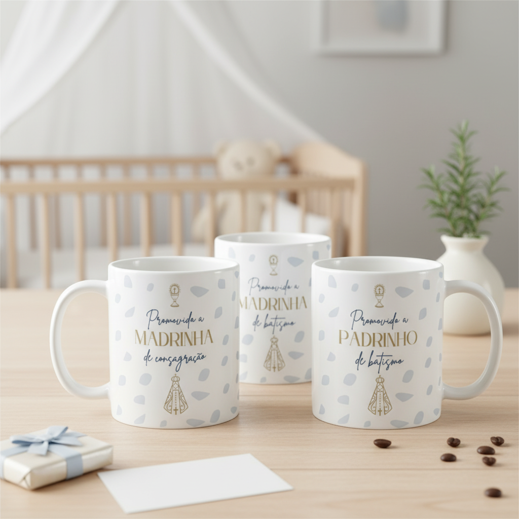 Kit 3 Caneca Personalizada Convite Padrinhos de Consagração | Lembrança de Batismo - Batizado (Padrinho)