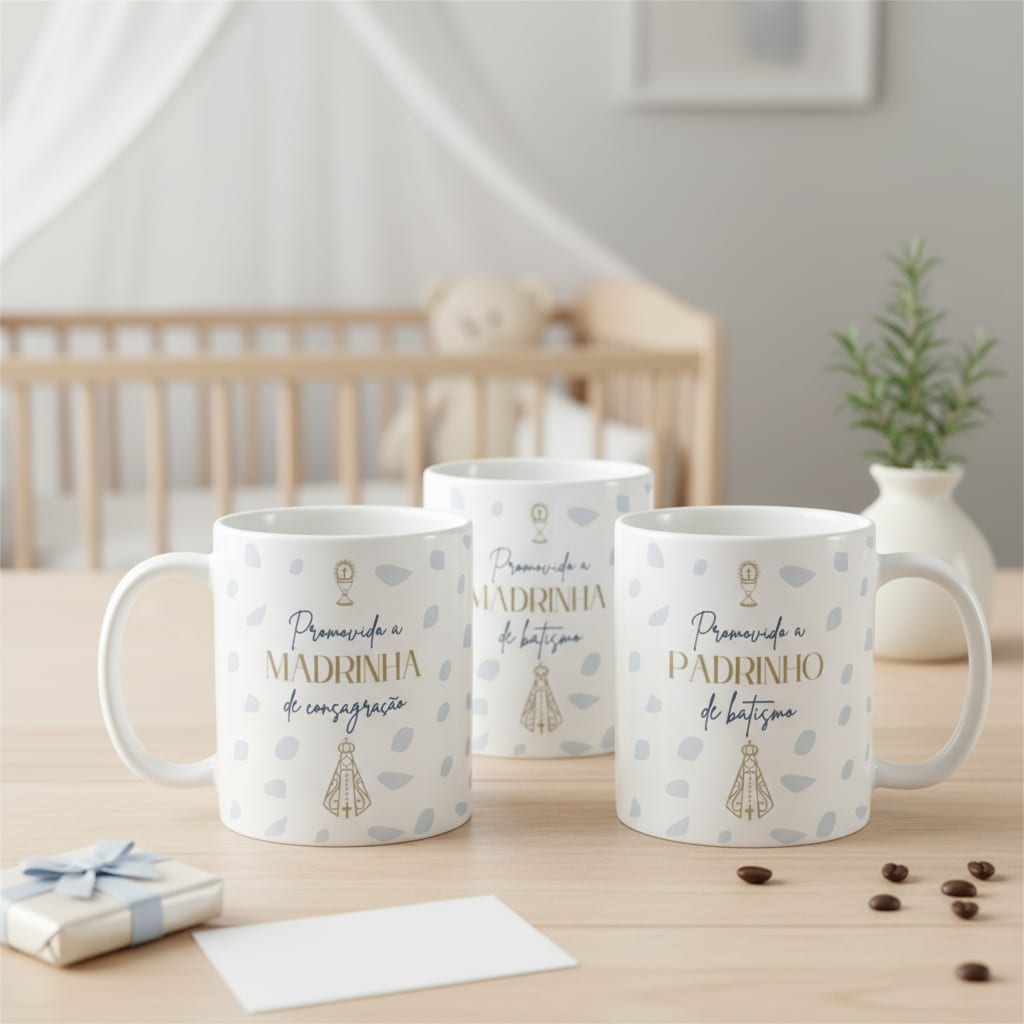 Kit 3 Caneca Personalizada Convite Padrinhos de Consagração | Lembrança de Batismo - Batizado (Padrinho)