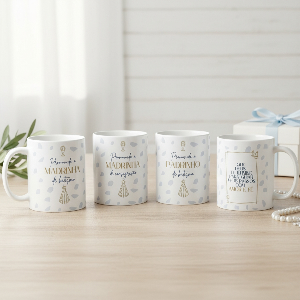 Kit 3 Caneca Personalizada Convite Padrinhos de Consagração | Lembrança de Batismo