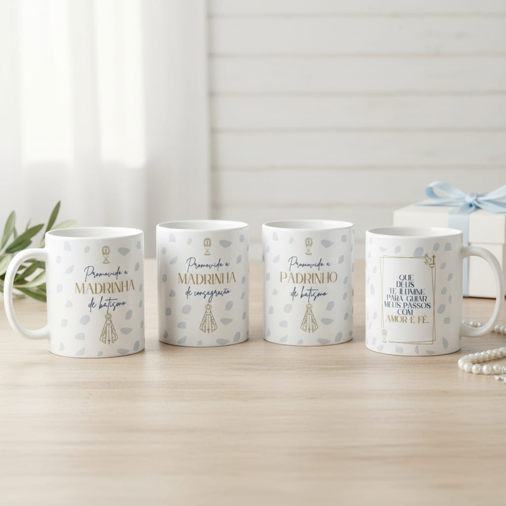 Kit 3 Caneca Personalizada Convite Padrinhos de Consagração | Lembrança de Batismo