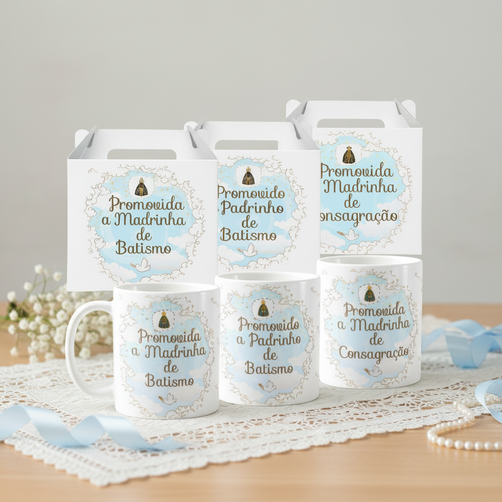 Kit 3 Canecas Padrinhos Batismo e Consagração Céu Azul