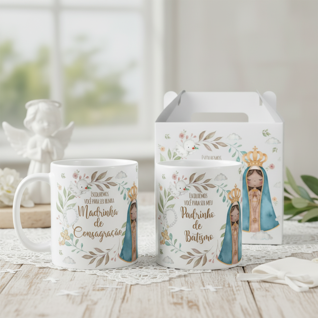 Kit 3 Canecas Padrinhos Batismo E Consagração Nossa Senhora
