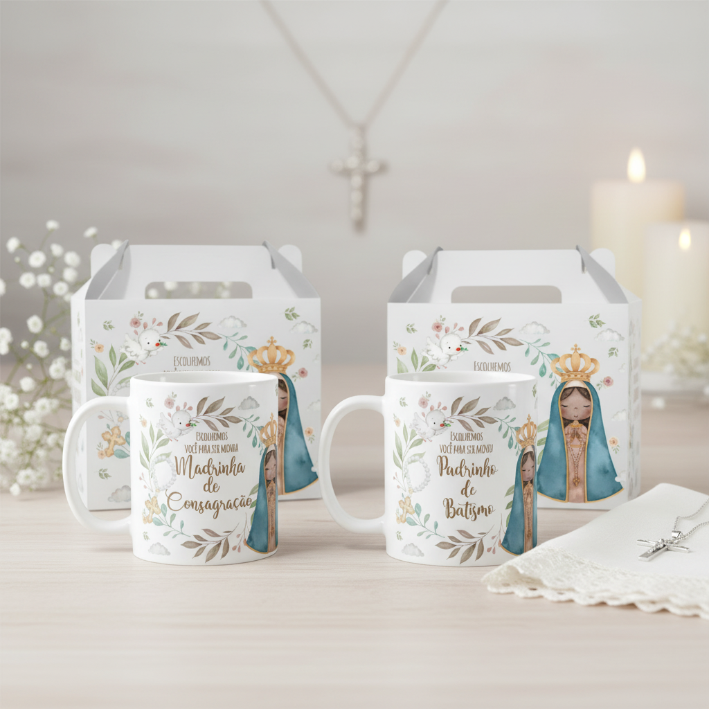 Kit 3 Canecas Padrinhos Batismo E Consagração Nossa Senhora