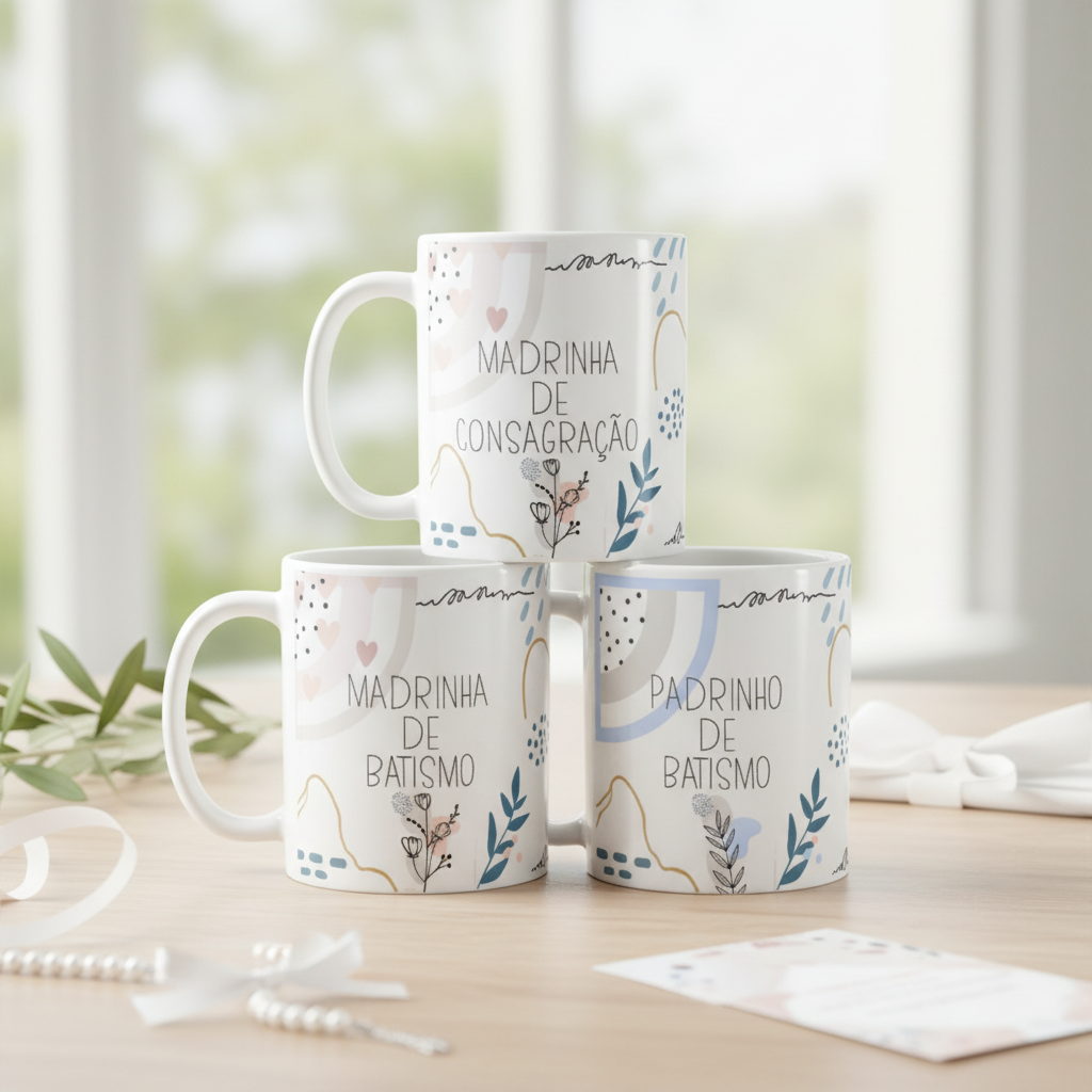 Kit 3 Canecas Personalizadas Padrinhos Batismo Minimalista - Batizado (Padrinho)