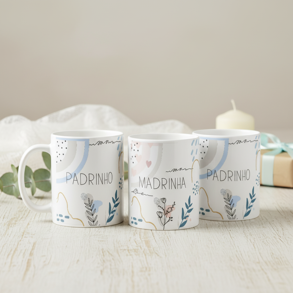  Kit 4 Canecas Personalizadas Lembrança Padrinhos Batizado