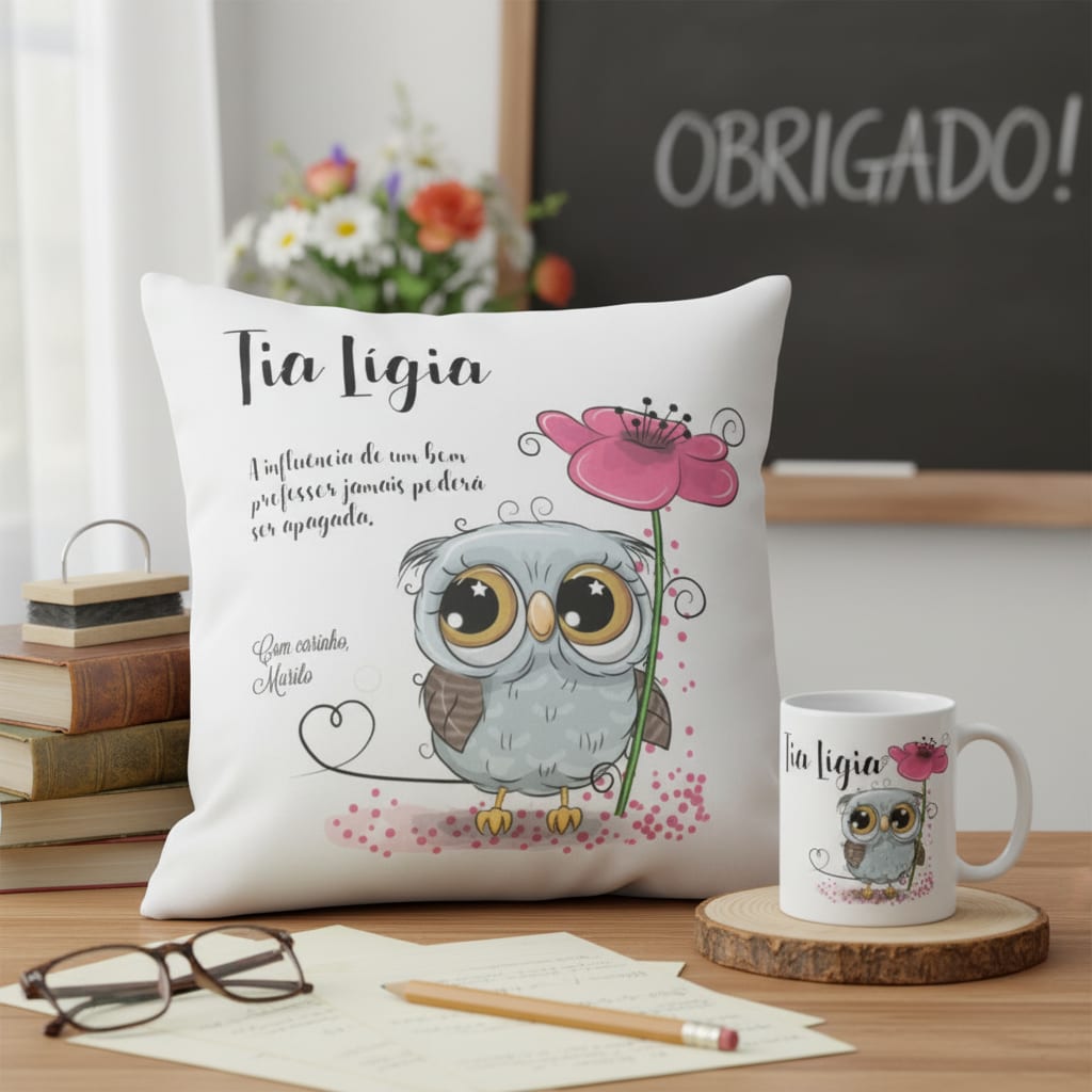 Kit Almofada Decoração E Caneca Professora Corujinha - Dia dos Professores (Professor(a))