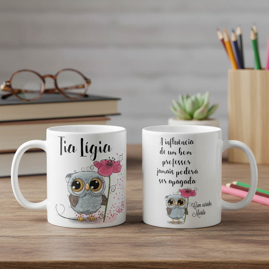 Kit Almofada Decoração E Caneca Professora Corujinha