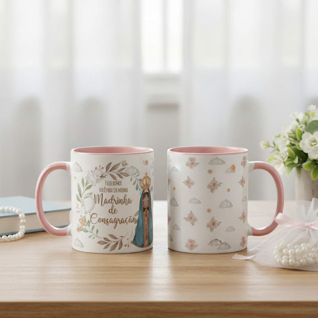 Kit Almofada e Caneca Batismo Madrinha de Consagração Presente Pront