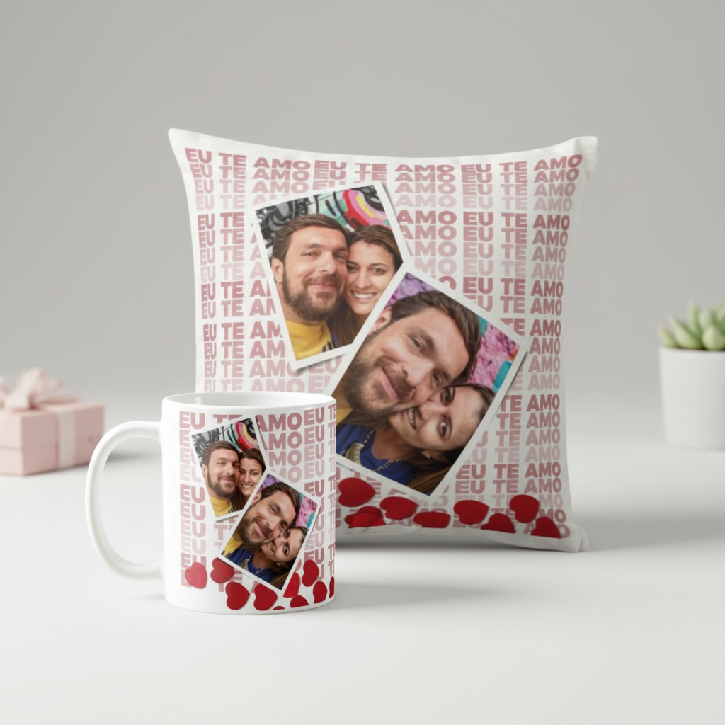 Kit Almofada E Caneca Casal Romântico Presente Namorados Branco 2 Fotos - Outros (Casal)