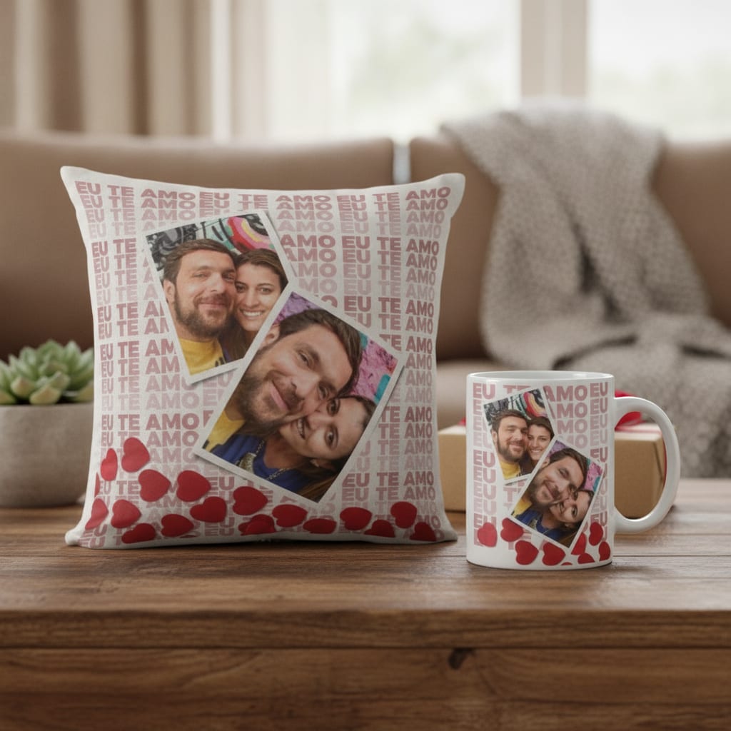 Kit Almofada E Caneca Casal Romântico Presente Namorados Branco 2 Fotos - Outros (Casal)