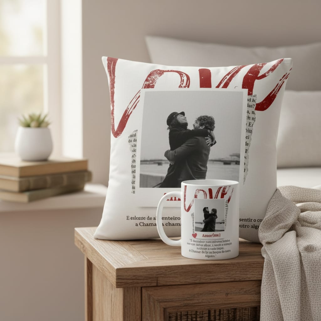 Kit Almofada E Caneca Casal Romântico Presente Namorados Branco Amor