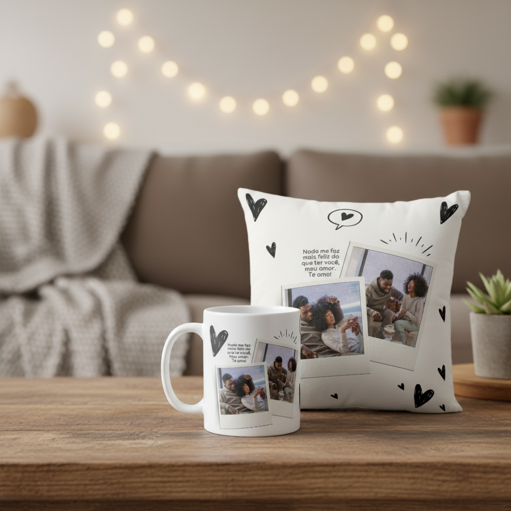 Kit Almofada E Caneca Casal Romântico Presente Namorados Branco Meu Amor É Teu - 2 Fotos - Outros (Casal)