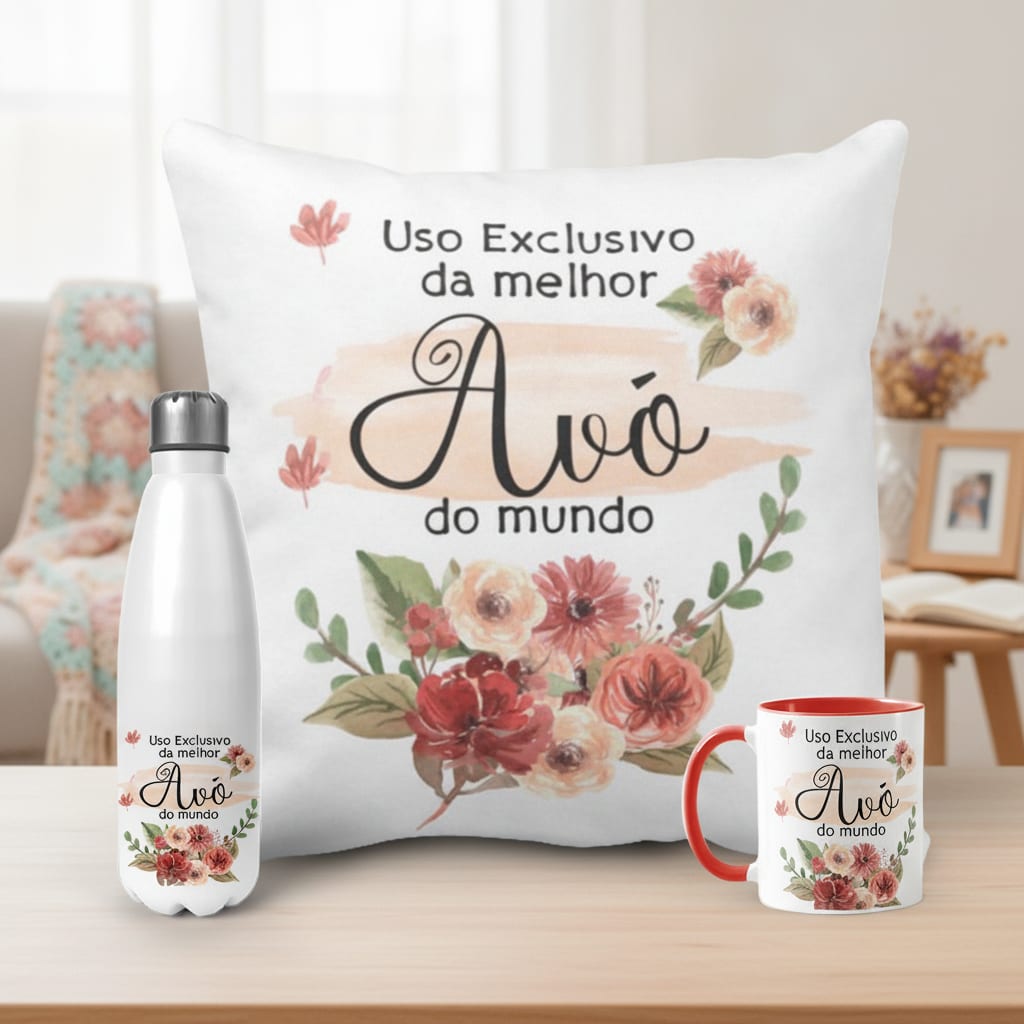 Kit Almofada e Caneca Garrafa Exclusivo Avó -dia das Mães - Família (Avó/Avô)