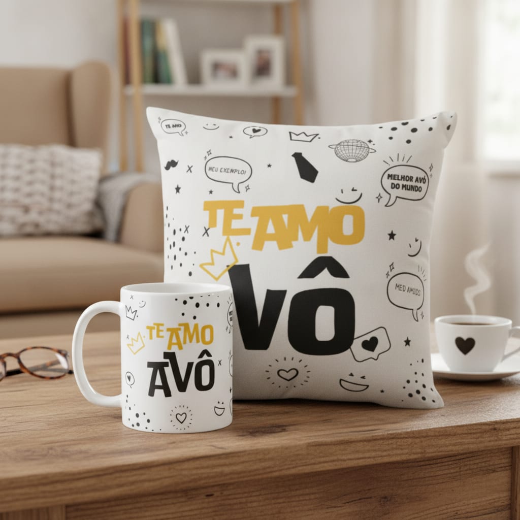 Kit Almofada e Caneca Meu Exemplo para o Melhor Avô - Família (Pai/Vovô)