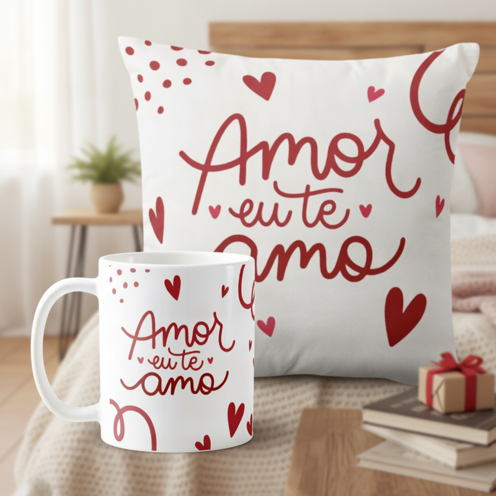 Kit Almofada e Caneca Presente em Comemoração Amor Eu Te Amo
