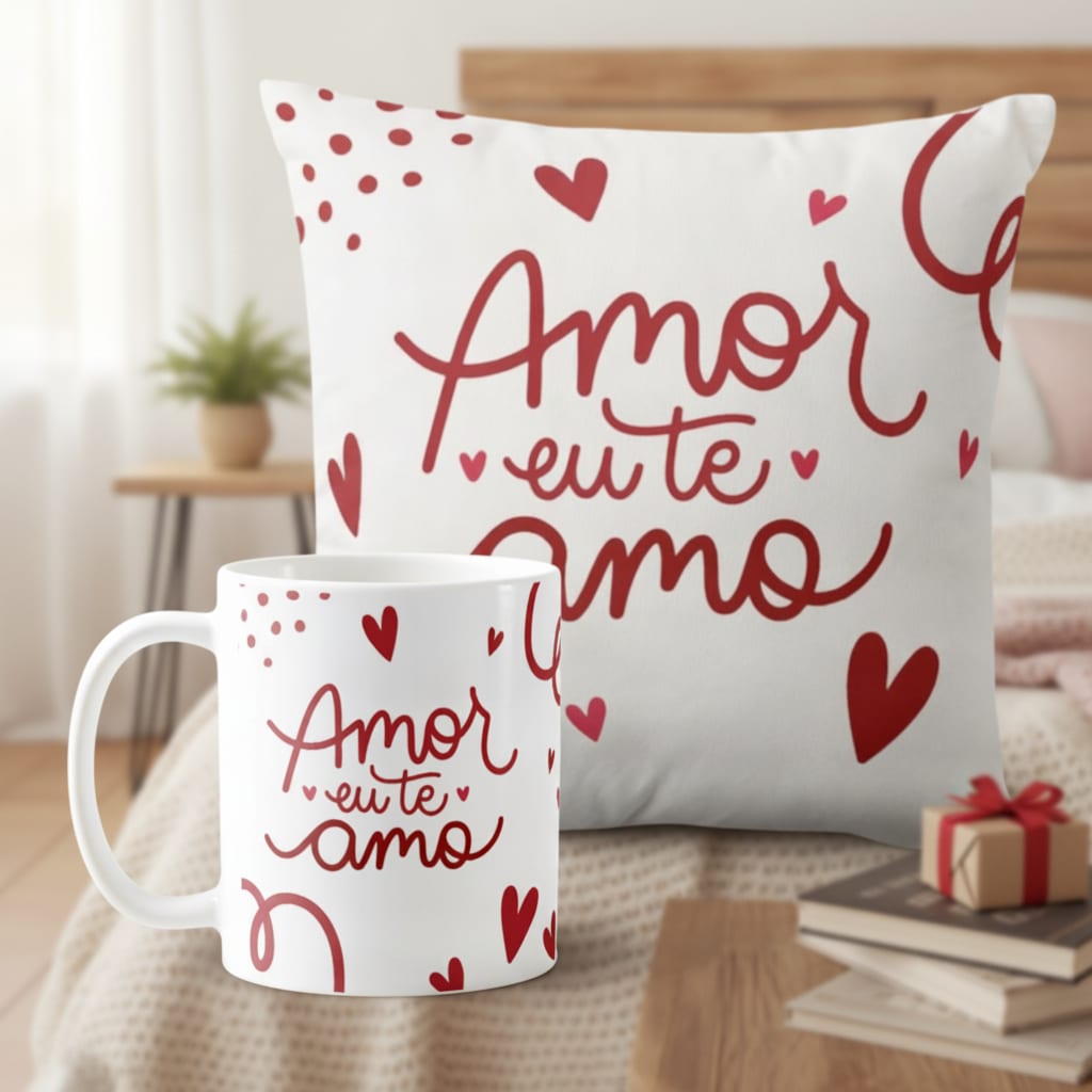 Kit Almofada e Caneca Presente em Comemoração Amor Eu Te Amo