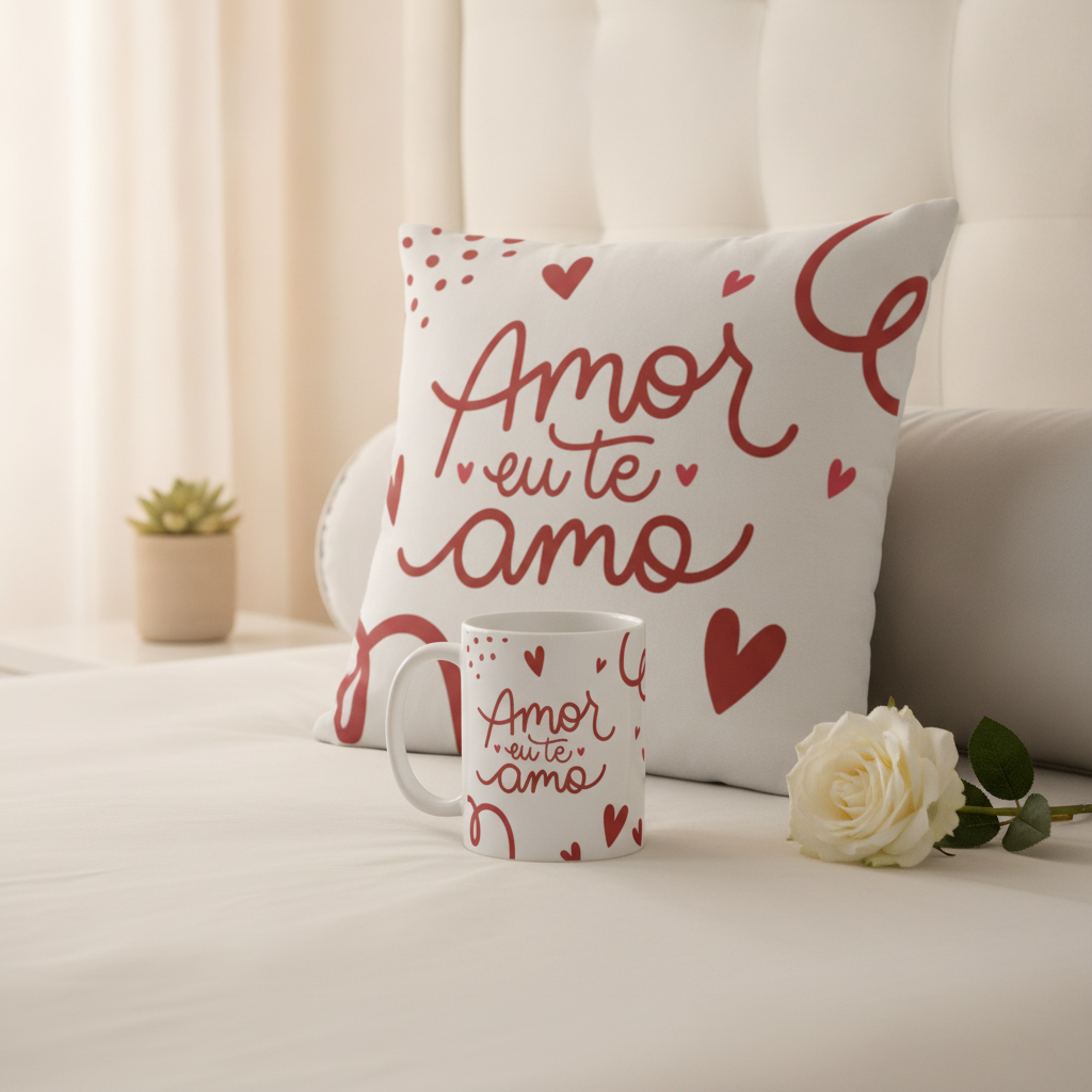 Kit Almofada e Caneca Presente em Comemoração Amor Eu Te Amo