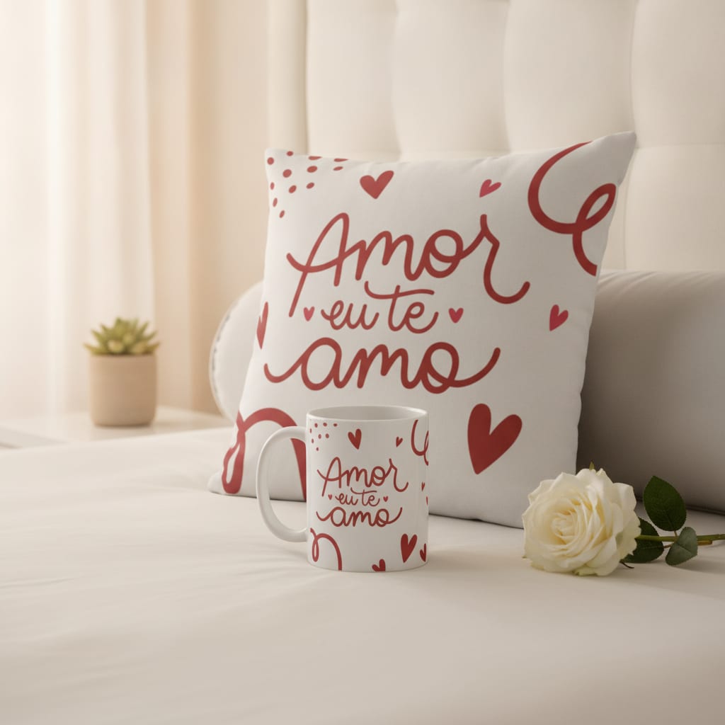 Kit Almofada e Caneca Presente em Comemoração Amor Eu Te Amo