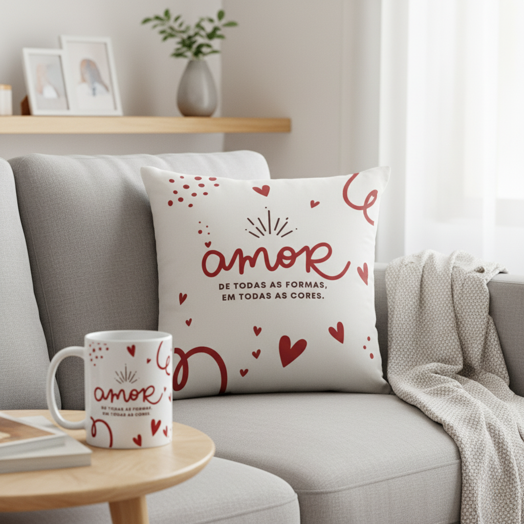 Kit Almofada e Caneca Romance de Corações Toda Forma de Amar - Família (kit toda forma de amor)