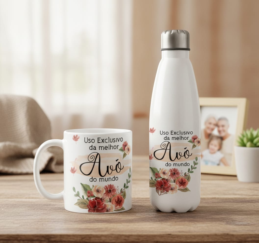 Kit Avó com Garrafa Térmica  e Caneca Melhor Avó do Mundo - Família (Avó)