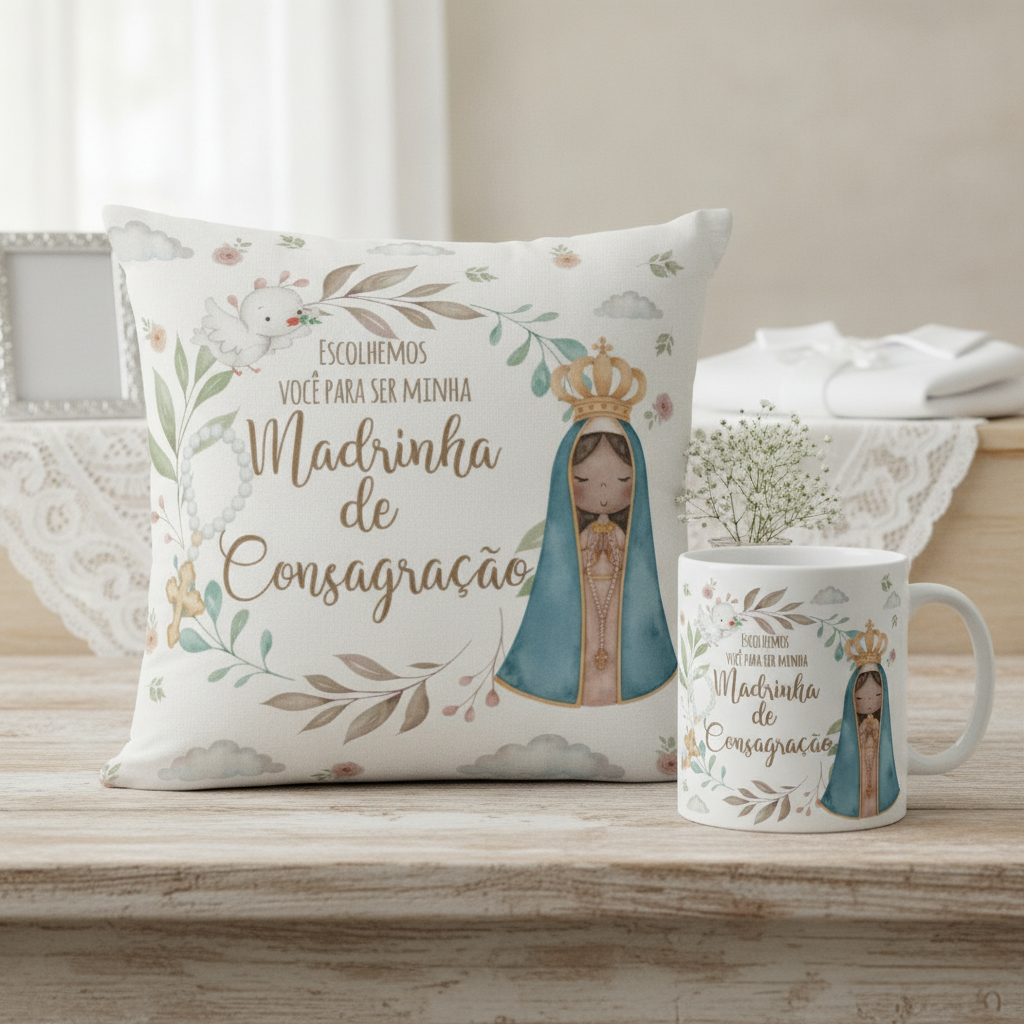 Kit Caneca e Almofada Convite para Madrinha de Consagração - Batizado (Madrinha de Consagração)