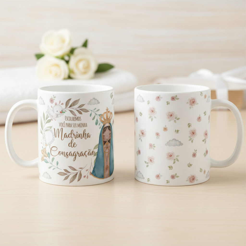 Kit Caneca e Almofada Convite para Madrinha de Consagração