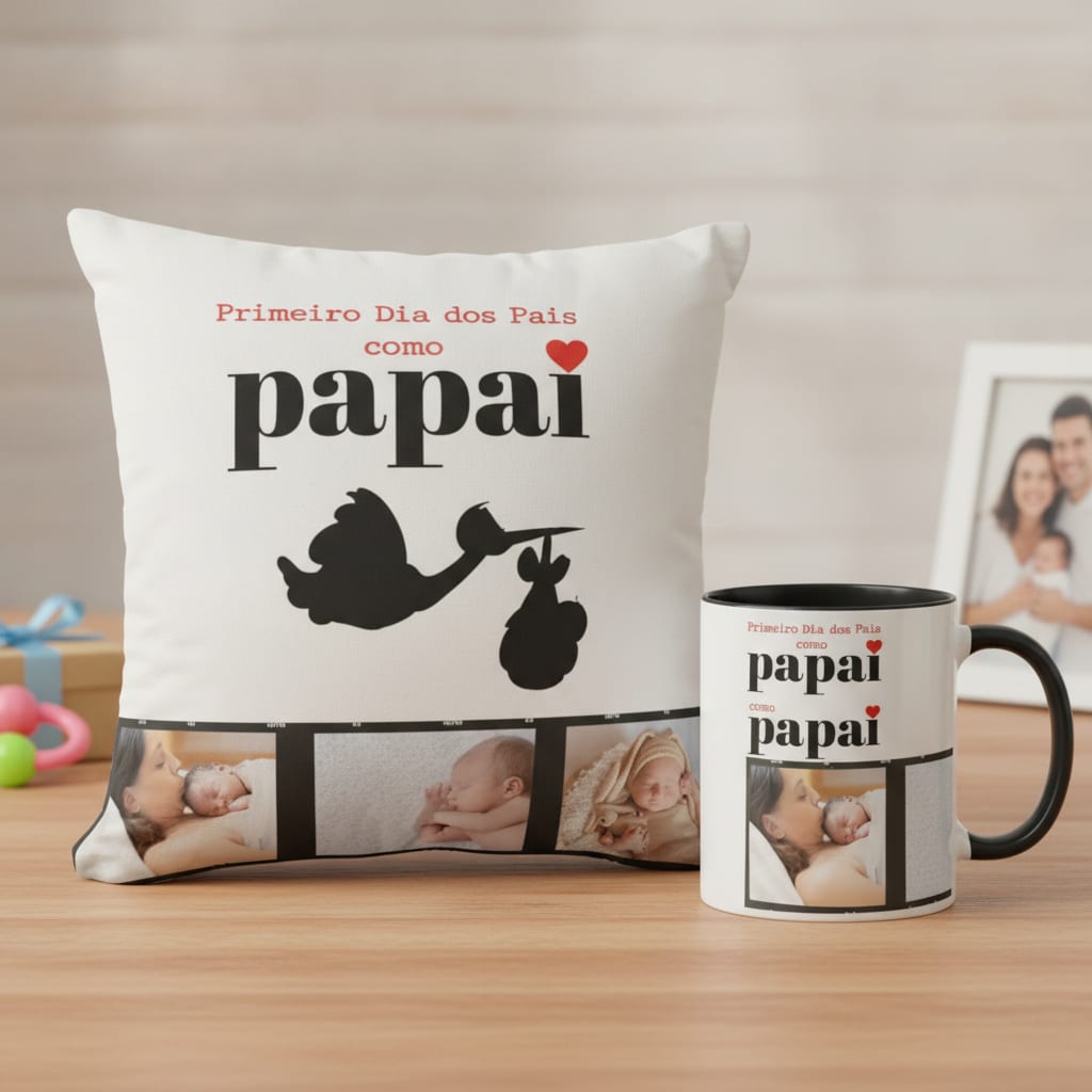 Kit Caneca e Almofada Presente Dia dos Pais com 3 Fotos