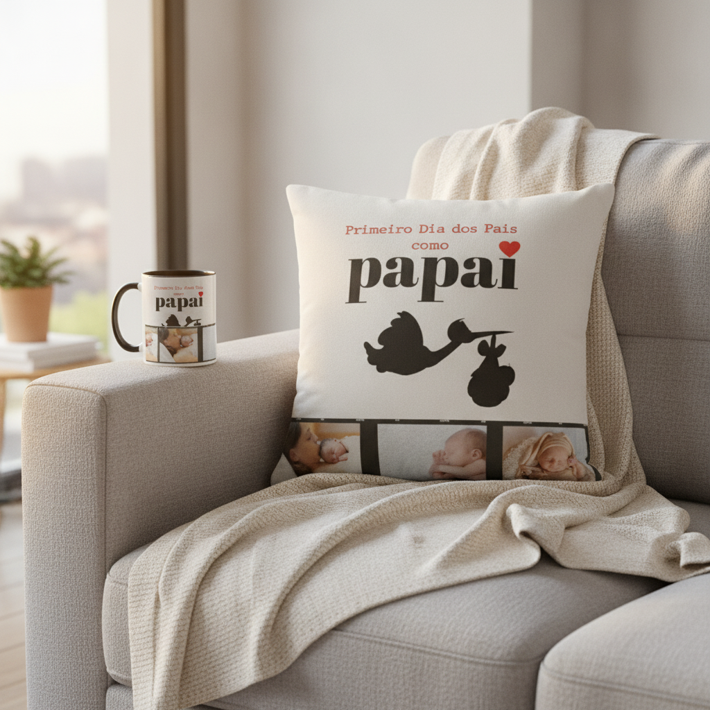 Kit Caneca e Almofada Presente Dia dos Pais com 3 Fotos - Família (Pai)