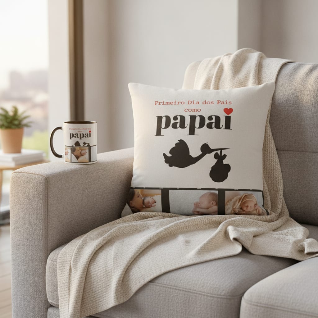 Kit Caneca e Almofada Presente Dia dos Pais com 3 Fotos - Família (Pai)