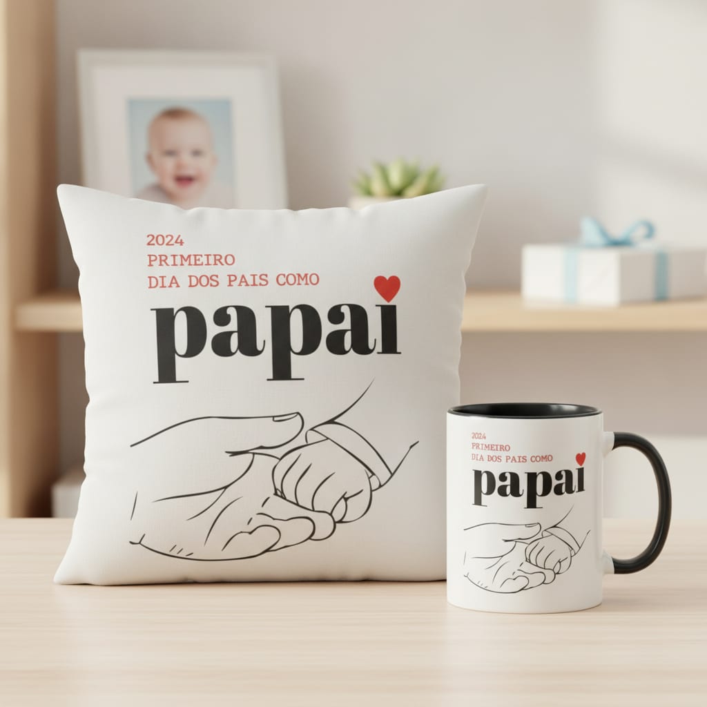 Kit Caneca e Almofada Primeiro Dia dos Pais Como Papai Pai - Família (Pai)