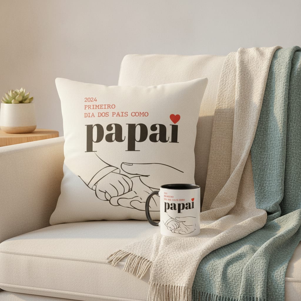Kit Caneca e Almofada Primeiro Dia dos Pais Como Papai Pai