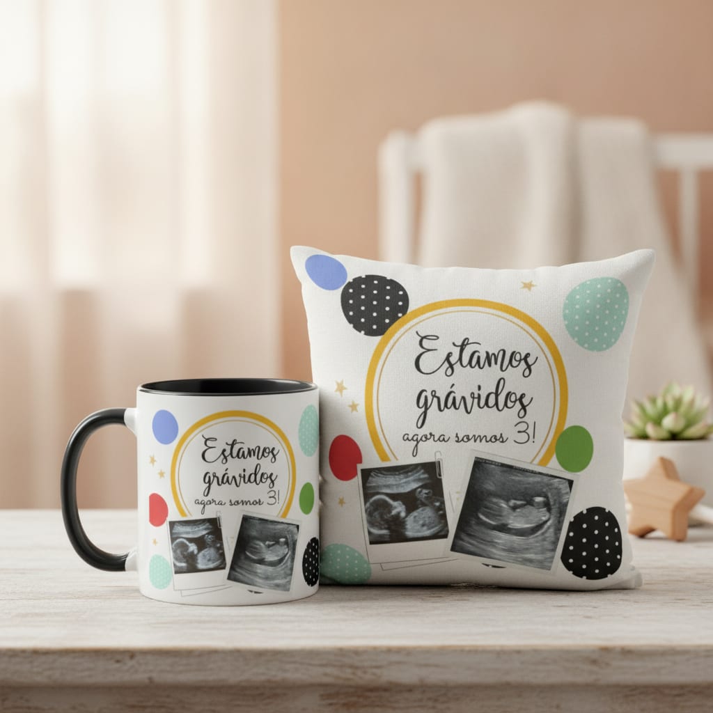 Kit Caneca e Almofada Revelação de Gravidez Criativa - Anúncio de Gravidez (Família/Geral)
