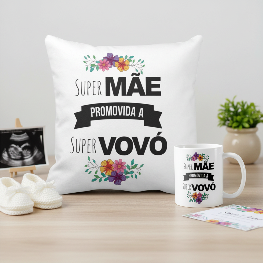 Kit Caneca E Almofada Super Mãe Promovida A Super Vovó - Anúncio de Gravidez (Avós)