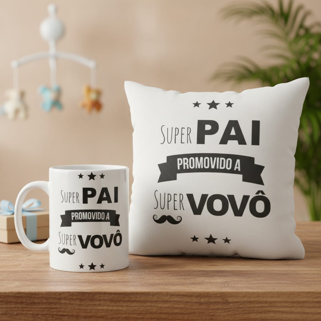 Kit Caneca e Almofada Super Pai Promovido a Super Vovô - Anúncio de Gravidez (Avô)