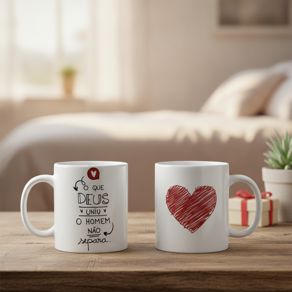 Kit Canecas Casal Cristão Presente com Frase Amor Deus Uniu