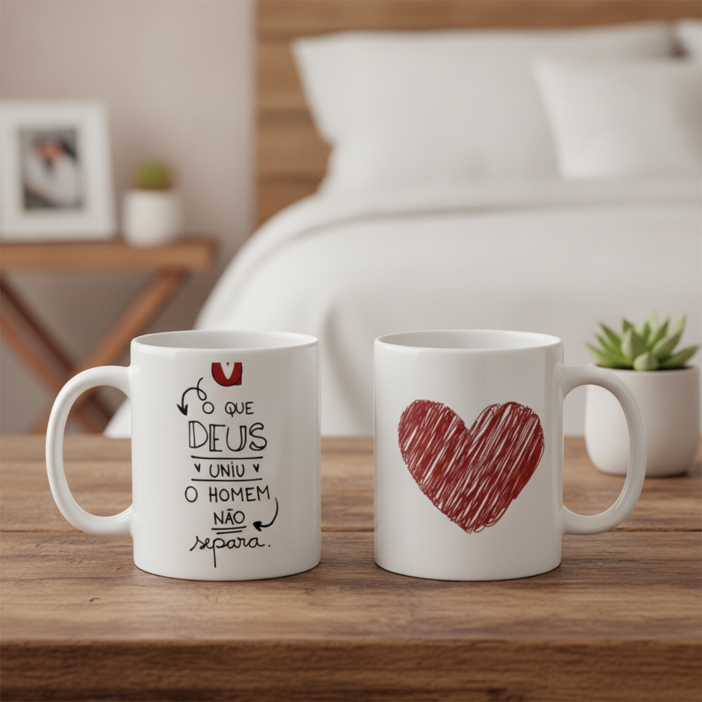 Kit Canecas Casal Cristão Presente com Frase Amor Deus Uniu