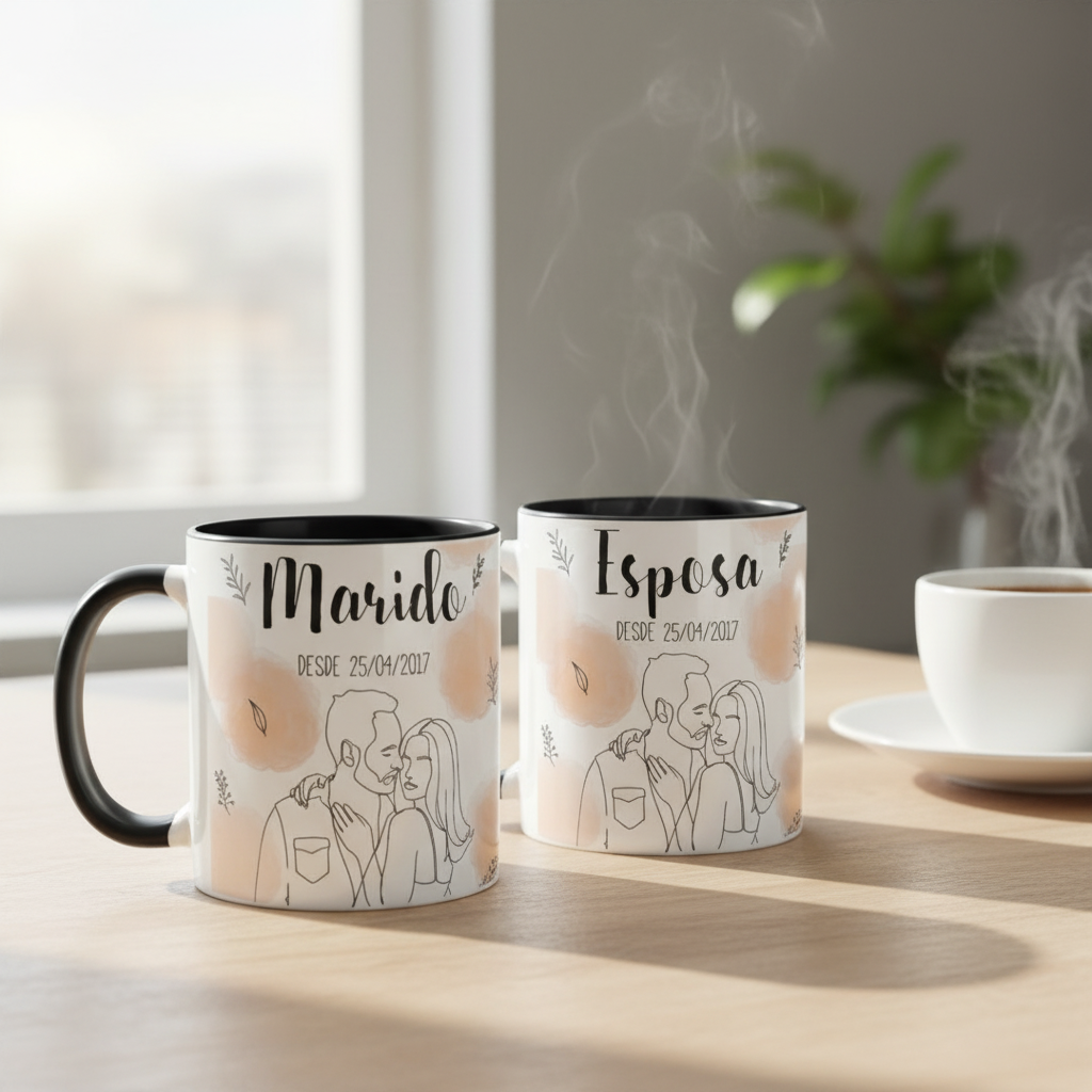 Kit Casados - 2 Canecas Esposa e Marido Personalizado com Ilustração Casal - Preta